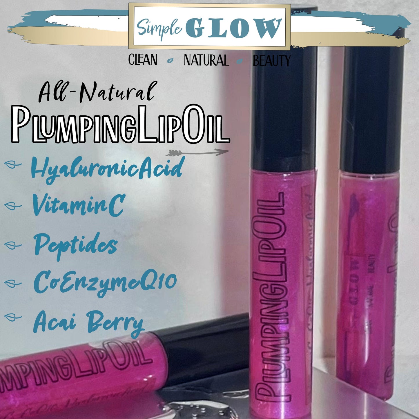 ACAI Premium Plumping Lip Oil • Vitamin C, HyA, CoQ10 | Sweet Berry All-Natural High-Gloss Lip Plump & Moisturizer | Organic Clean Makeup