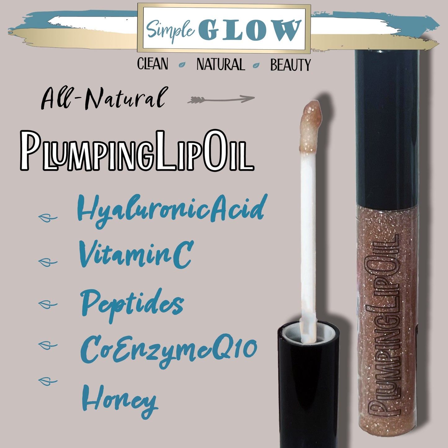 HoneyGlow Plumping Lip Oil • Honey, VitaminC, HyA, CoQ10 • NonSticky High-Gloss Sparkle | All-Natural Lip Plump & Moisturizer | Clean Makeup