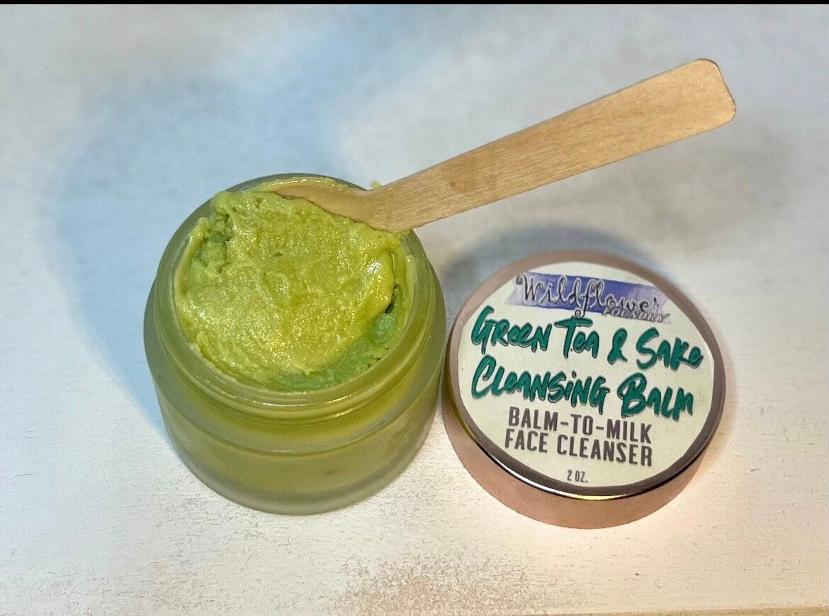 Green Tea & Sake Cleansing Balm-to-Milk | White Tea, Rice Protein, Clay | Acne, Aging, Brightening | Natural Organic Gentle Daily Face Wash