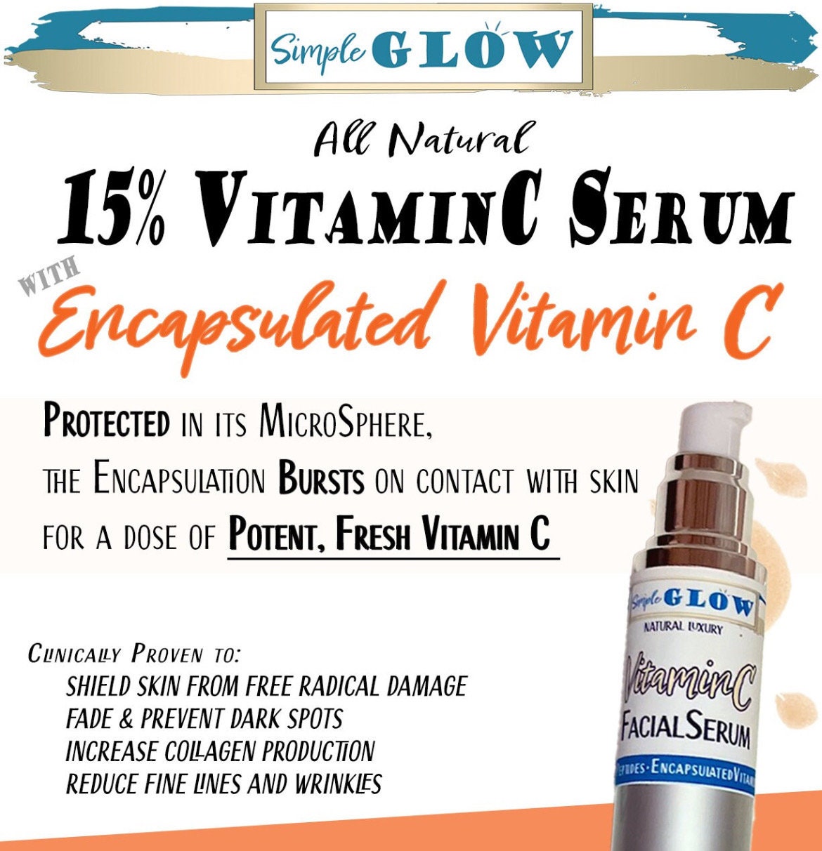 Vitamin C Facial Serum | Encapsulated VitC, Peptides, HyaluronicAcid | Anti-Aging, Brightening, Hydrating | Natural Clean Vegan Moisturizer