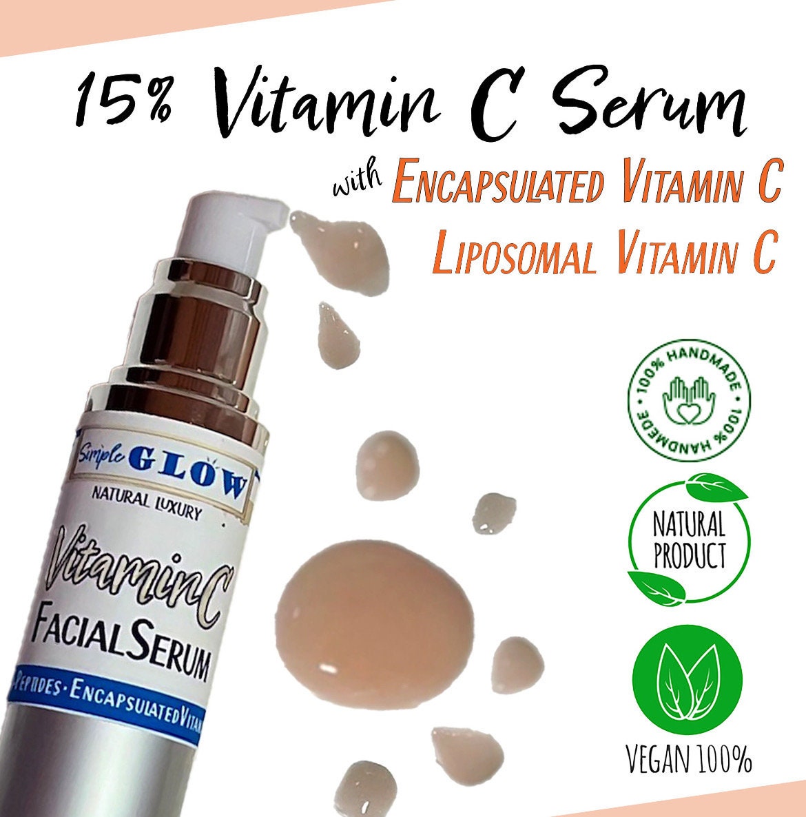 Vitamin C Facial Serum | Encapsulated VitC, Peptides, HyaluronicAcid | Anti-Aging, Brightening, Hydrating | Natural Clean Vegan Moisturizer